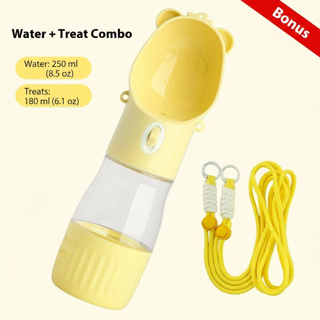 portable water bowl with treat storage combo yellow